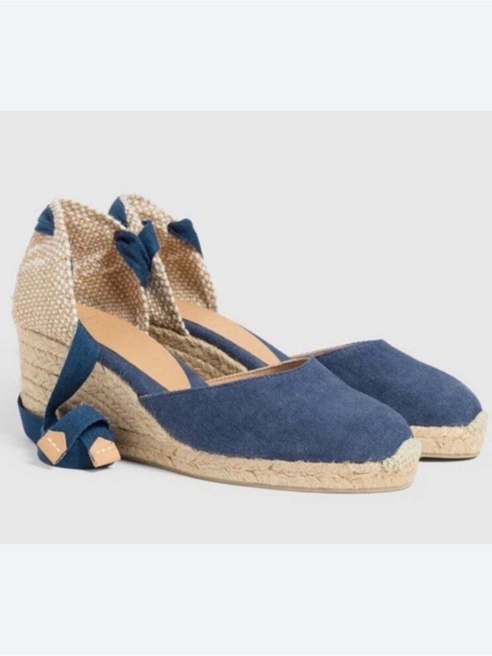 Castaner Carina Wedge Espadrille Ankle Tie Sandal Blue Canvas Sz 9 Resort boho